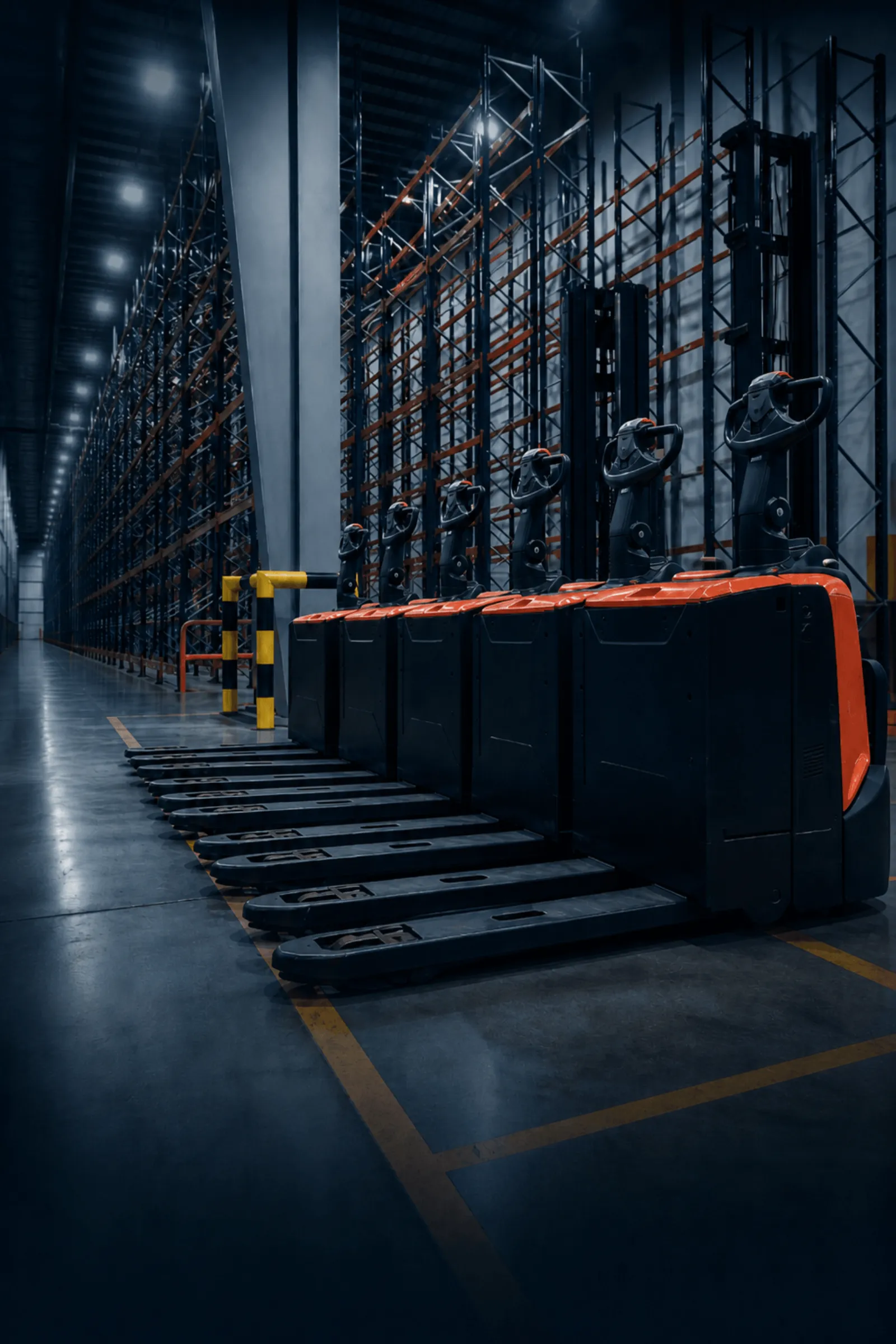 Electric pallet trucks lined up inside a high-bay warehouse with structured storage lanes